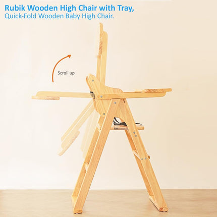 Un-Polished Wooden Baby High Chair with Tray, Foldable With Safety Belt and Cushion