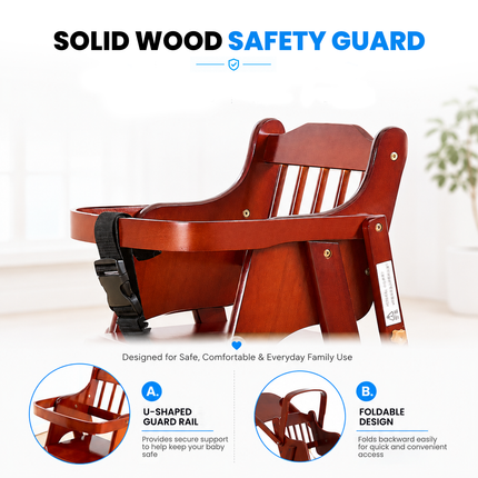 Adjustable Solid Wood Baby High Chair,  Foldable with Safety Harness & Cushion, Reddish Brown