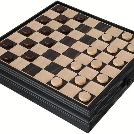 Premium Wooden Chess and Checkers Large 38x38cm, Magnetic Chess Board 2in1 Game Set with Storage Drawer (Black/Brown)