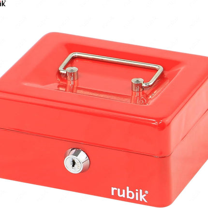 Rubik Small Cash Box with Key Lock, Portable Money Box (15x12x7.5cm) Red