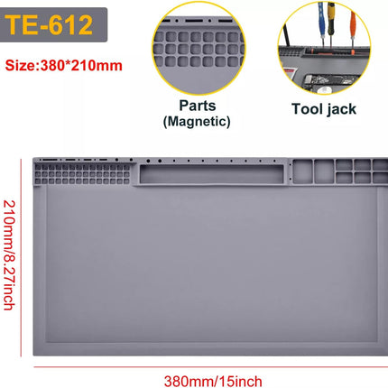TE-612 Soldering Mat 38×21cm - Heat-Resistant Anti-Static Silicone Repair Work Mat (Grey)