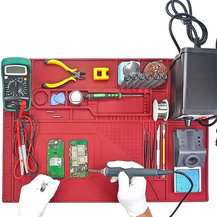TE-702 Soldering Repair Mat 55x38cm – Silicone Heat Resistant Pad with Magnetic Section - Red