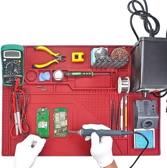 TE-702 Soldering Repair Mat 55x38cm – Silicone Heat Resistant Pad with Magnetic Section - Red