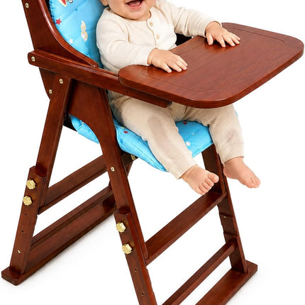 Adjustable Baby High Chair with Tray, Solid Wood Foldable with Safety Belt and Cushion (Red Mahogany)