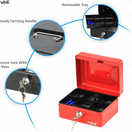 Rubik Small Cash Box with Key Lock, Portable Money Box (15x12x7.5cm) Red
