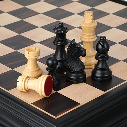 Premium Wooden Chess and Checkers Large 38x38cm, Magnetic Chess Board 2in1 Game Set with Storage Drawer (Black/Brown)
