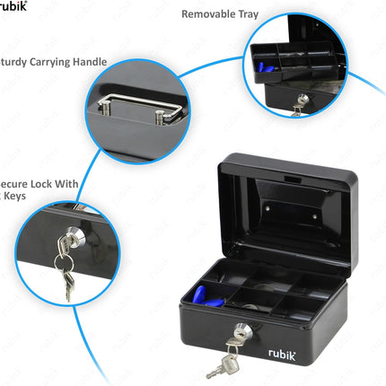 Rubik Small Cash Box with Key Lock, Portable Money Box (15x12x7.5cm) Black