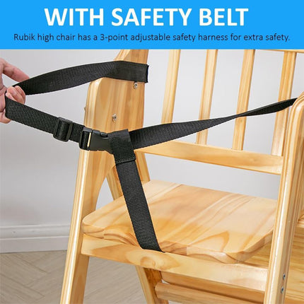 Solid Wood Baby High Chair, Adjustable Foldable with Safety Harness & Cushion, Beige