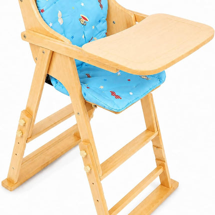 Adjustable Baby High Chair with Tray, Solid Wood Foldable with Safety Belt and Cushion (Beige)