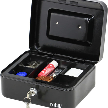 Rubik Medium Cash Box with Key Lock, Portable Money Box (20x16x9cm) Black