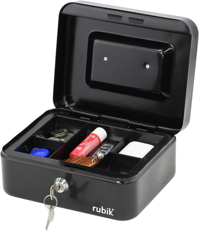 Rubik Medium Cash Box with Key Lock, Portable Money Box (20x16x9cm) Black