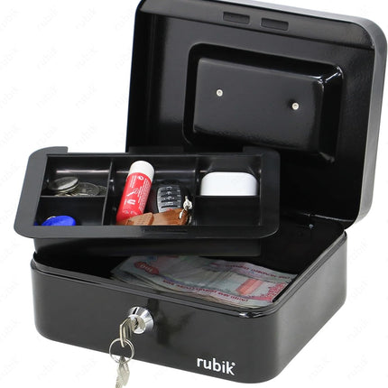 Rubik Medium Cash Box with Key Lock, Portable Money Box (20x16x9cm) Black