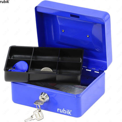 Rubik Small Cash Box with Key Lock, Portable Money Box (15x12x7.5cm) Blue