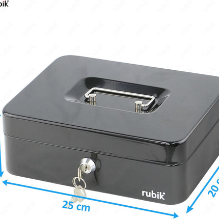 Rubik Large Cash Box with Key Lock, Portable Money Box (25x20x9cm) Black