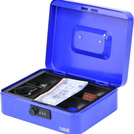 Large Cash Box with Combination Lock & Tray - Blue (25x20x9cm)