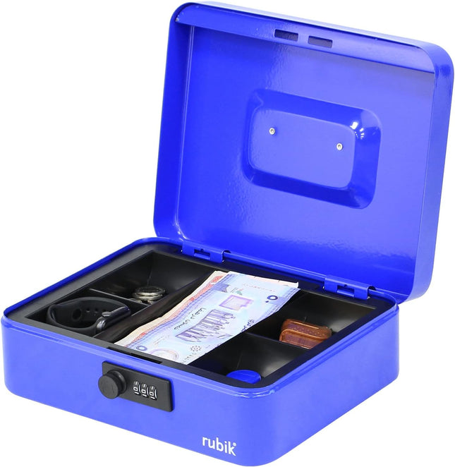 Large Cash Box with Combination Lock & Tray - Blue (25x20x9cm)
