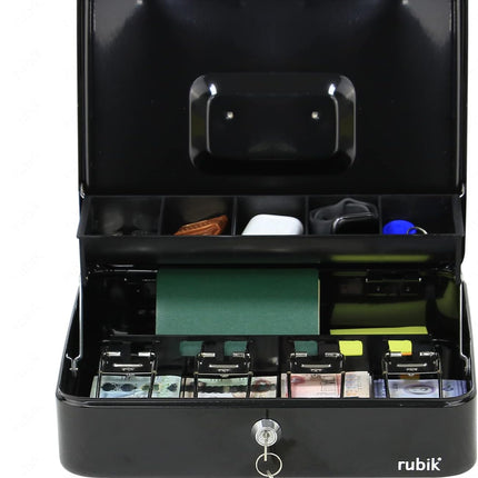 Rubik X-Large Cash Box with Key Money Tray Coin Slot Tray Steel Register 30x24x9cm Black
