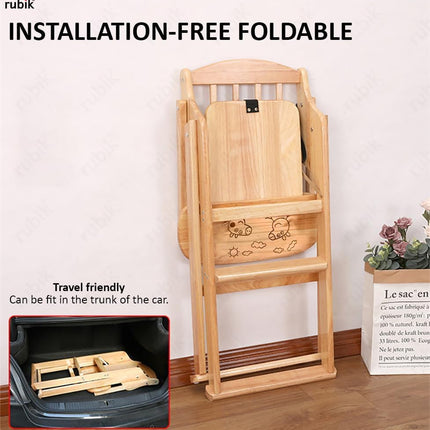 Solid Wood Baby High Chair (Unpolished), Adjustable Foldable with Safety Harness Beige