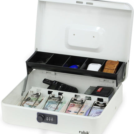 Rubik X-Large Cash Box with Combination Lock, Money Tray & Coin Slot 30x24x9cm White