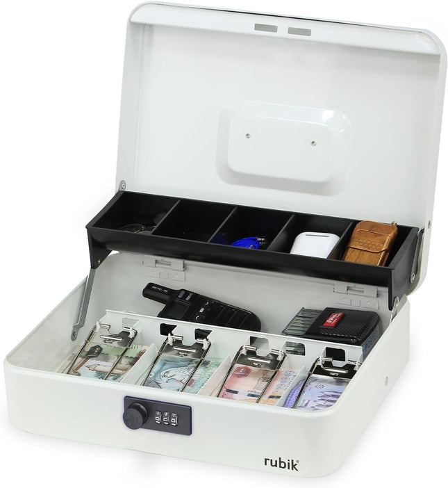 Rubik X-Large Cash Box with Combination Lock, Money Tray & Coin Slot 30x24x9cm White