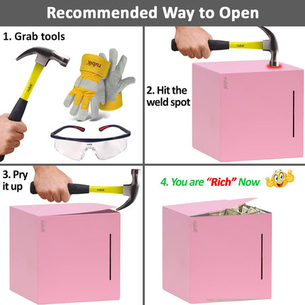 Rubik 15cm Metal Piggy Bank for Adults, Stainless Steel Savings Money Bank (All Sides Closed) Pink
