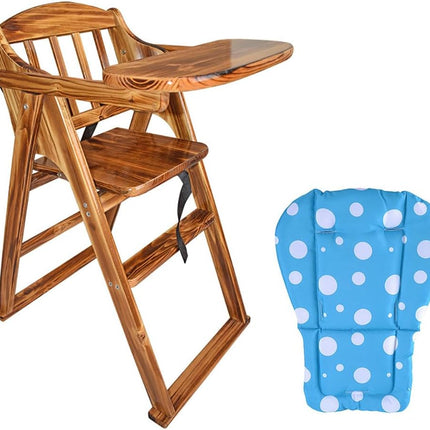 Carbonized Wooden Baby High Chair with Tray, Foldable, Safety Belt and Cushion, Brown