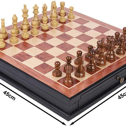 Premium Chess Board Wooden, Large 45x45cm with Storage Drawers (Black/Brown)