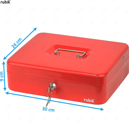 Rubik X-Large Cash Box with Key Money Tray Coin Slot Tray Steel Register 30x24x9cm Red