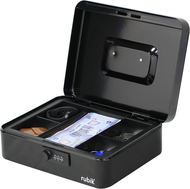Large Cash Box with Combination Lock & Tray - Black (25x20x9cm)
