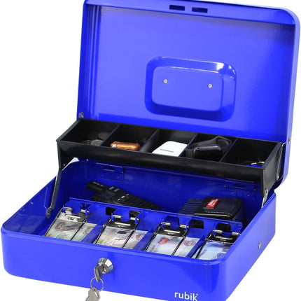 Rubik X-Large Cash Box with Key Money Tray Coin Slot Tray Steel Register 30x24x9cm Blue