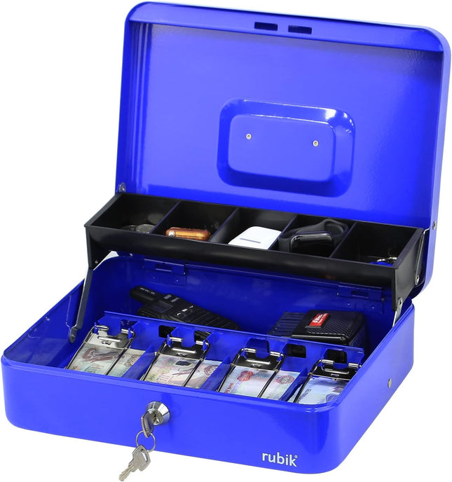 Rubik X-Large Cash Box with Key Money Tray Coin Slot Tray Steel Register 30x24x9cm Blue