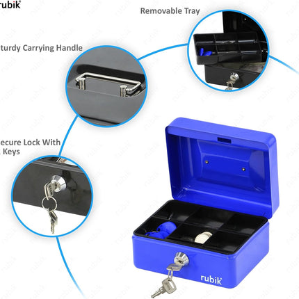 Rubik Small Cash Box with Key Lock, Portable Money Box (15x12x7.5cm) Blue