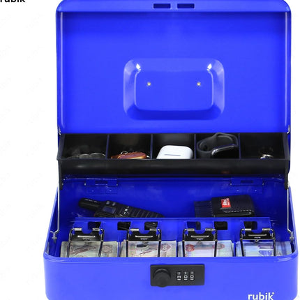 Rubik X-Large Cash Box with Combination Lock, Money Tray & Coin Slot 30x24x9cm Blue