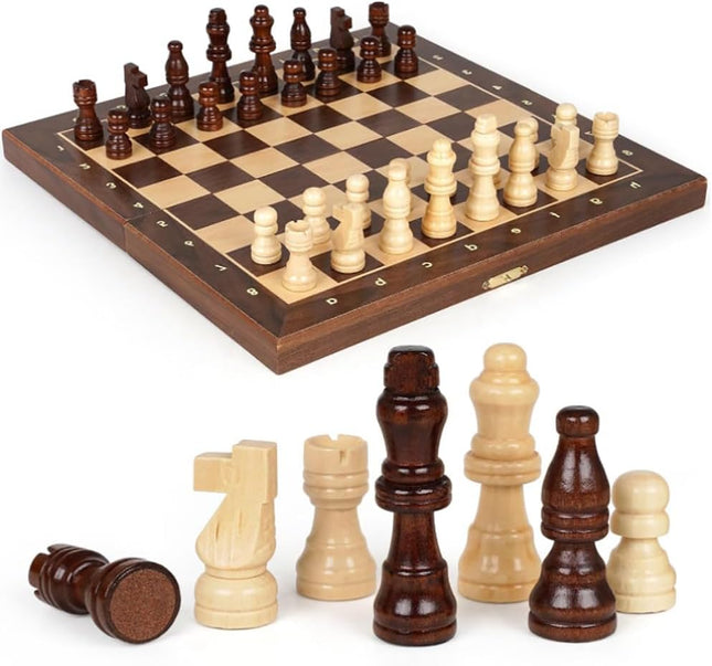 Folding Wooden Chess Board 12x12inch, Premium Magnetic Board Game Set (Brown/Beige)