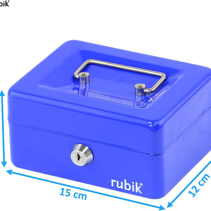 Rubik Small Cash Box with Key Lock, Portable Money Box (15x12x7.5cm) Blue