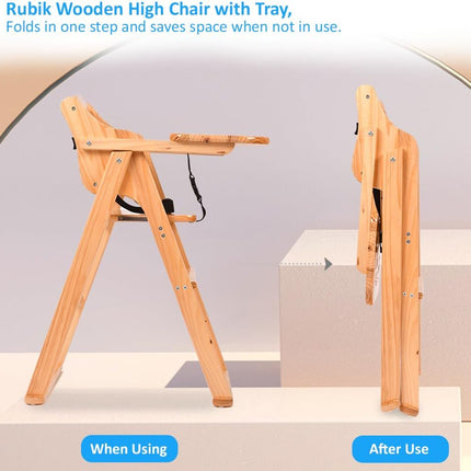 Un-Polished Wooden Baby High Chair with Tray, Foldable With Safety Belt and Cushion