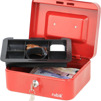 Rubik Medium Cash Box with Key Lock, Portable Money Box (20x16x9cm) Red