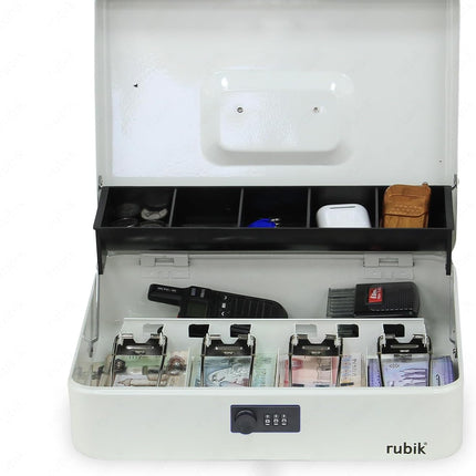 Rubik X-Large Cash Box with Combination Lock, Money Tray & Coin Slot 30x24x9cm White