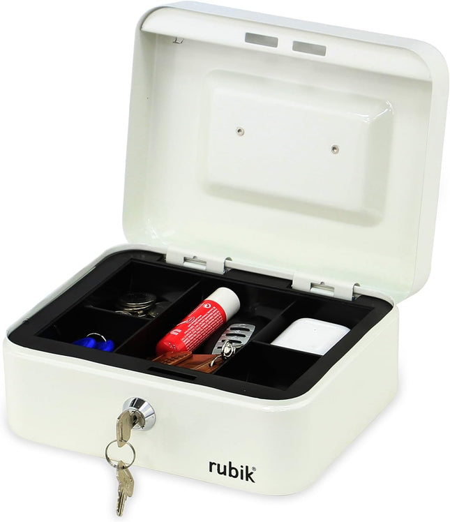 Rubik Medium Cash Box with Key Lock, Portable Money Box (20x16x9cm) White