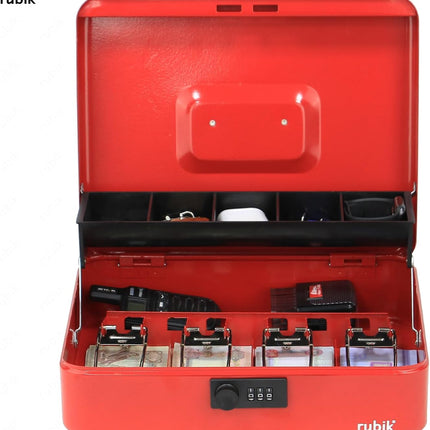 Rubik X-Large Cash Box with Combination Lock, Money Tray & Coin Slot 30x24x9cm Red