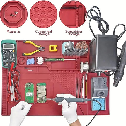 TE-702 Soldering Repair Mat 55x38cm – Silicone Heat Resistant Pad with Magnetic Section - Red