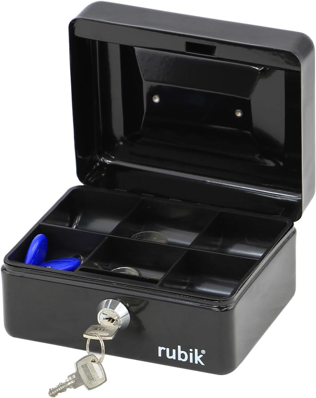 Rubik Small Cash Box with Key Lock, Portable Money Box (15x12x7.5cm) Black