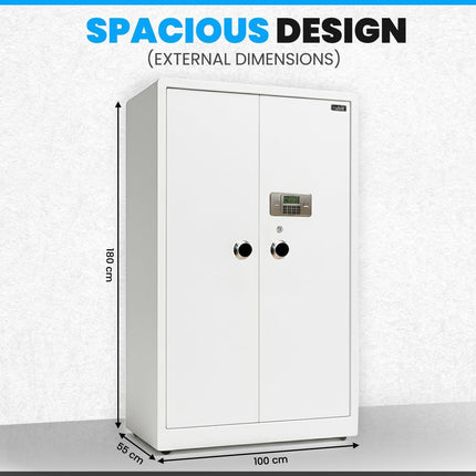 Rubik 1.8m Tall Double Door Digital Safe Box Cabinet with Dual Key Lock (180x100x55cm) White