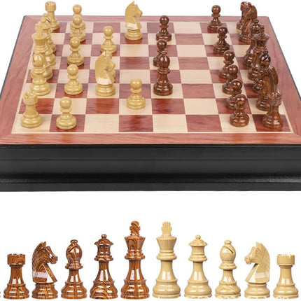 Premium Chess Board Wooden, Large 45x45cm with Storage Drawers (Black/Brown)