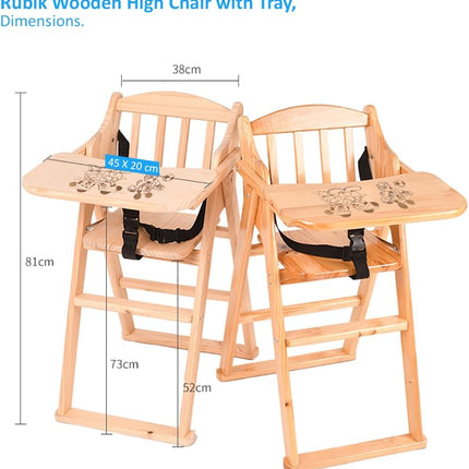 Un-Polished Wooden Baby High Chair with Tray, Foldable With Safety Belt and Cushion