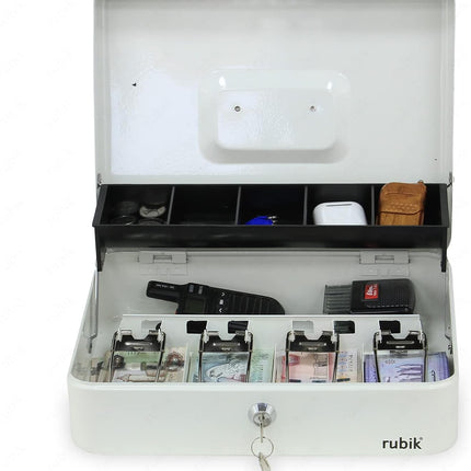 Rubik X-Large Cash Box with Key Money Tray Coin Slot Tray Steel Register 30x24x9cm White