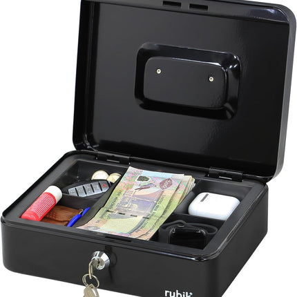 Rubik Large Cash Box with Key Lock, Portable Money Box (25x20x9cm) Black