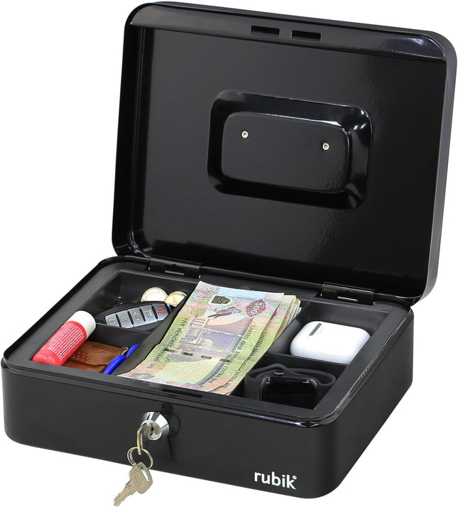 Rubik Large Cash Box with Key Lock, Portable Money Box (25x20x9cm) Black