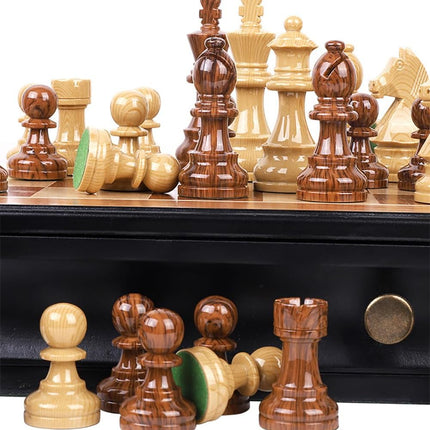 Premium Chess Board Wooden, Large 45x45cm with Storage Drawers (Black/Brown)