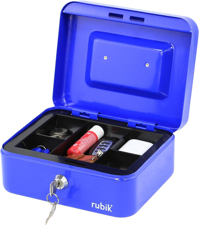 Rubik Medium Cash Box with Key Lock, Portable Money Box (20x16x9cm) Blue